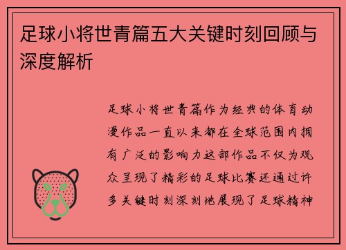 足球小将世青篇五大关键时刻回顾与深度解析