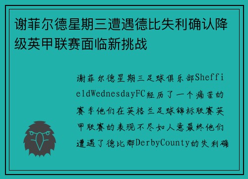 谢菲尔德星期三遭遇德比失利确认降级英甲联赛面临新挑战 谢菲尔德星期三遭遇德比失利确认降级英甲联赛面临新挑战